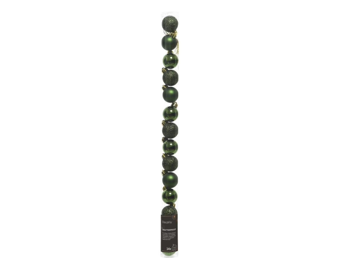 Palla di Natale 3cm in confezione da 14 pezzi verde lucida, opaco, glitterata