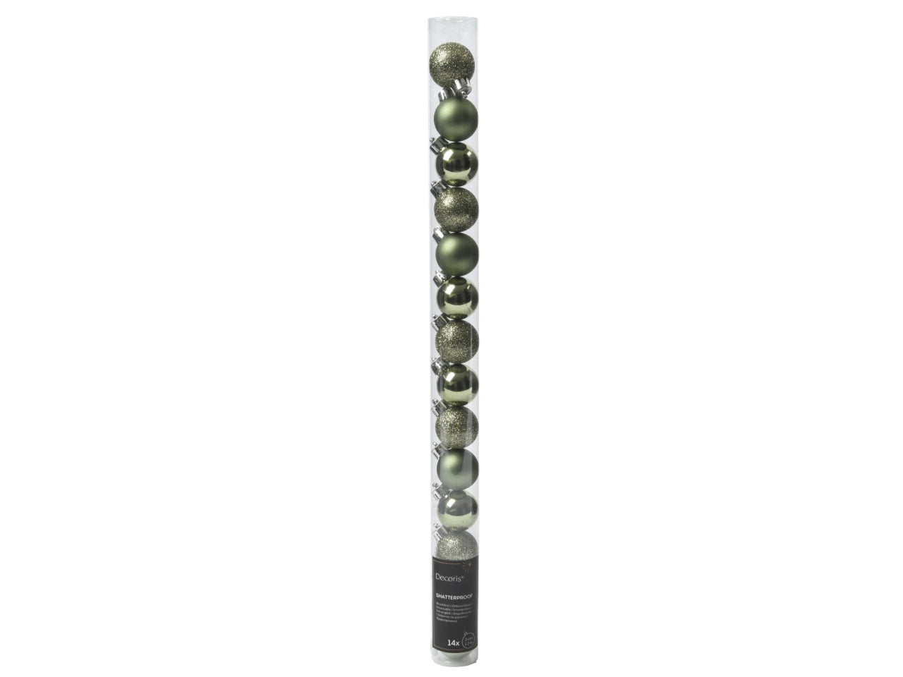 Palla di Natale 3cm in confezione da 14 pezzi verde rosmarino lucida, opaco, glitterata