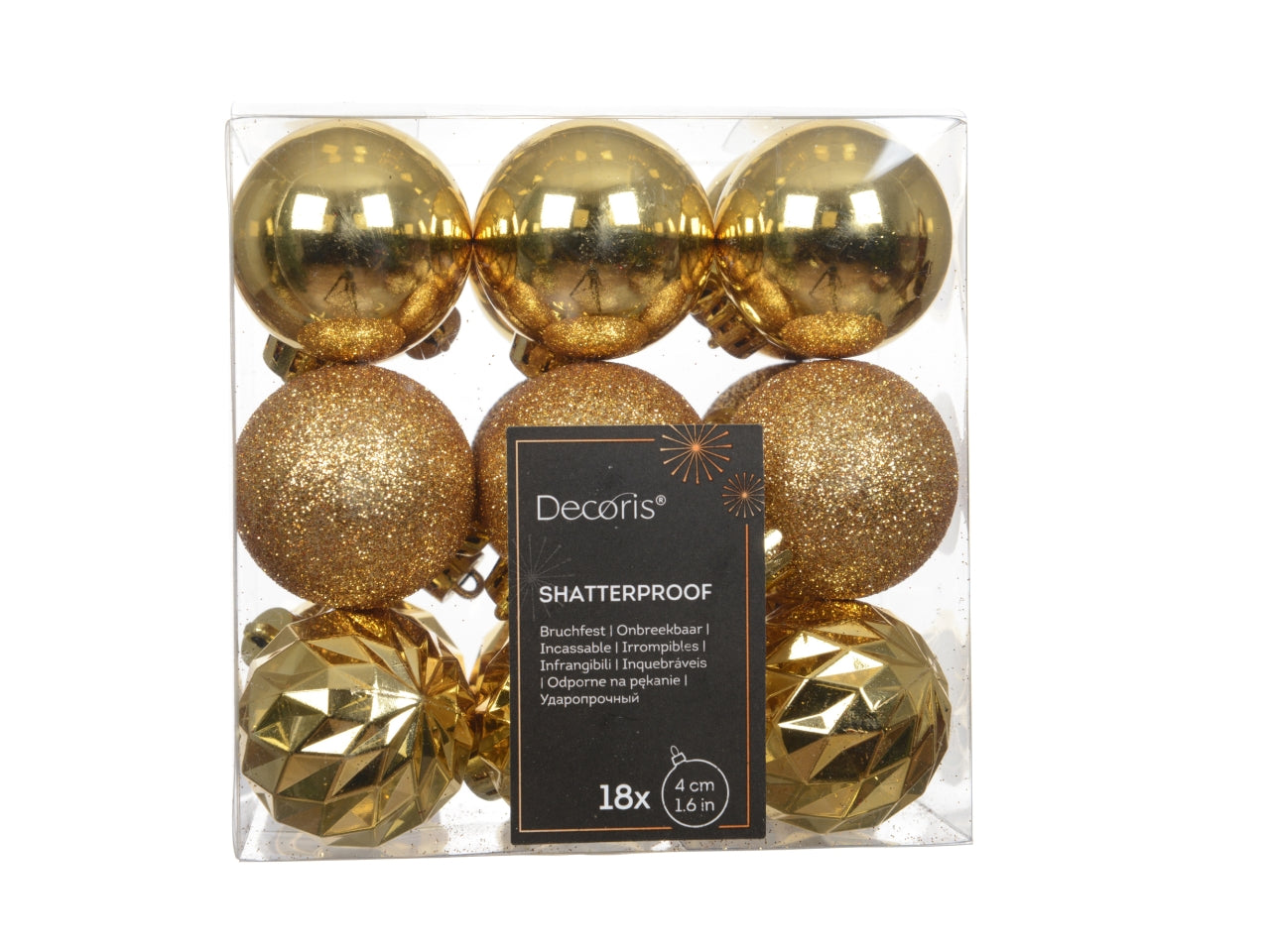 Palla di Natale 4cm in confezione da 18 pezzi oro chiaro lucida, opaco, glitterata