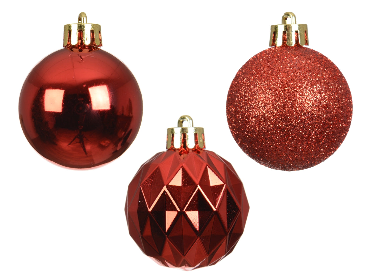 Palla di Natale 4cm in confezione da 18 pezzi rosso lucida, opaco, glitterata