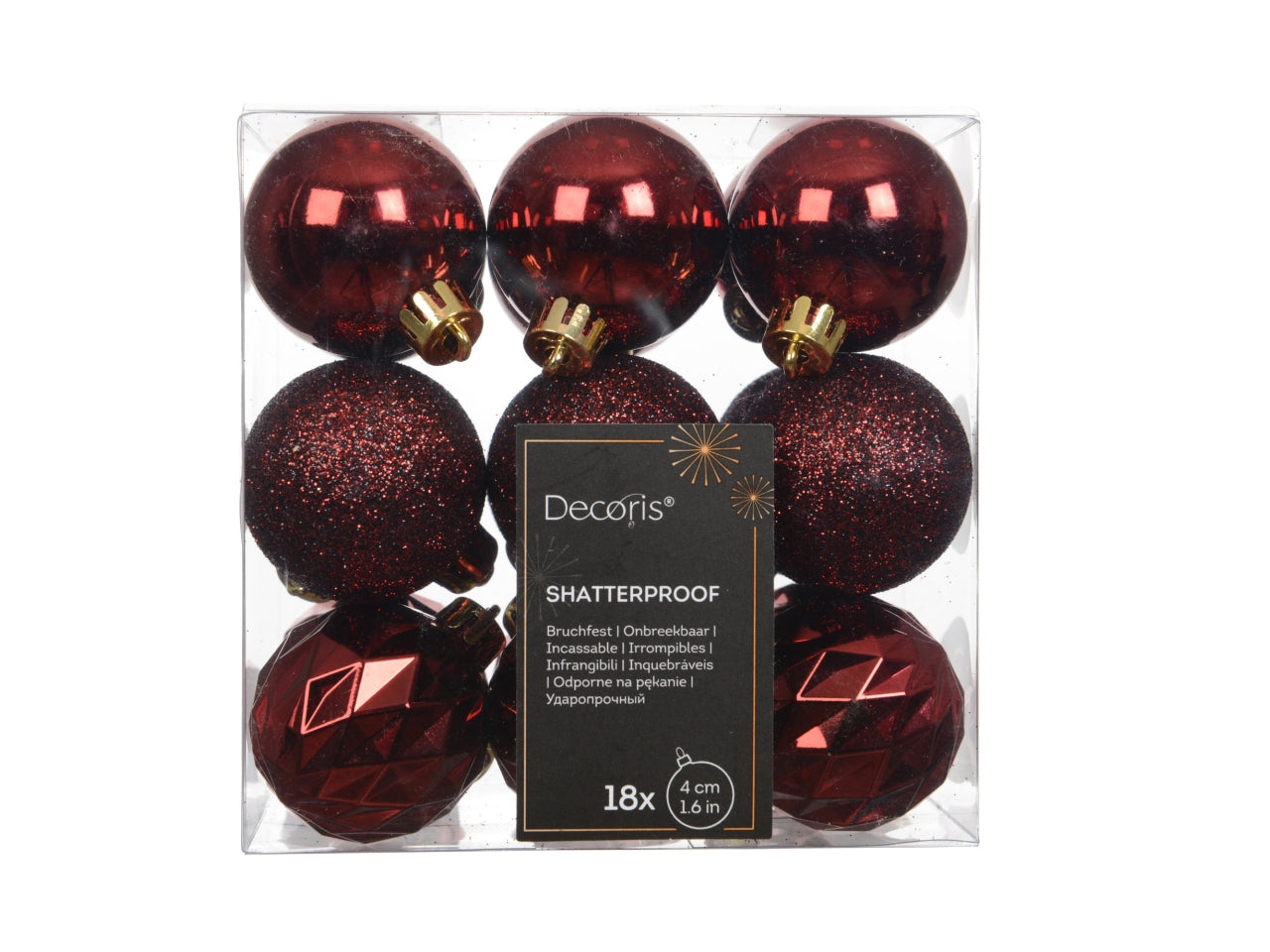 Palla di Natale 4cm in confezione da 18 pezzi bordeaux lucida, opaco, glitterata