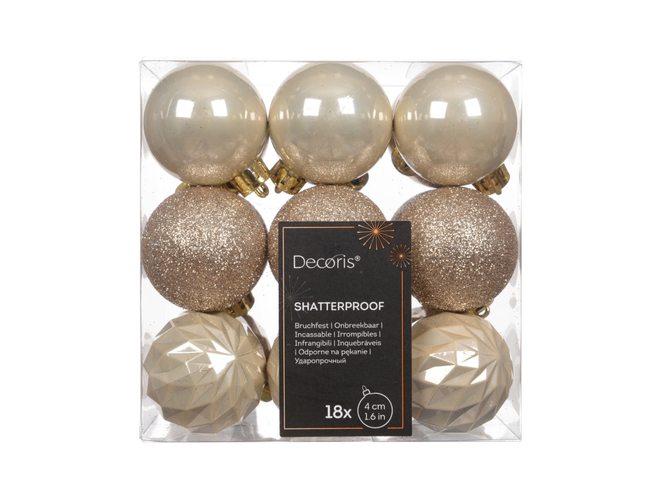 Palla di Natale 4cm in confezione da 18 pezzi beige lucida, opaco, glitterata