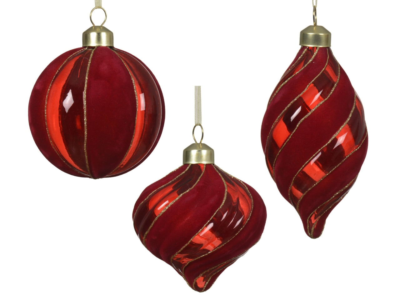 Palla di natale in vetro 8cm a righe floccata rosso in 3 assortimenti