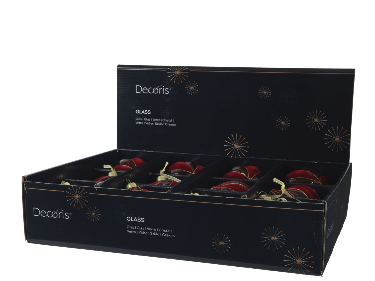Palla di natale in vetro 8cm a righe floccata rosso in 3 assortimenti