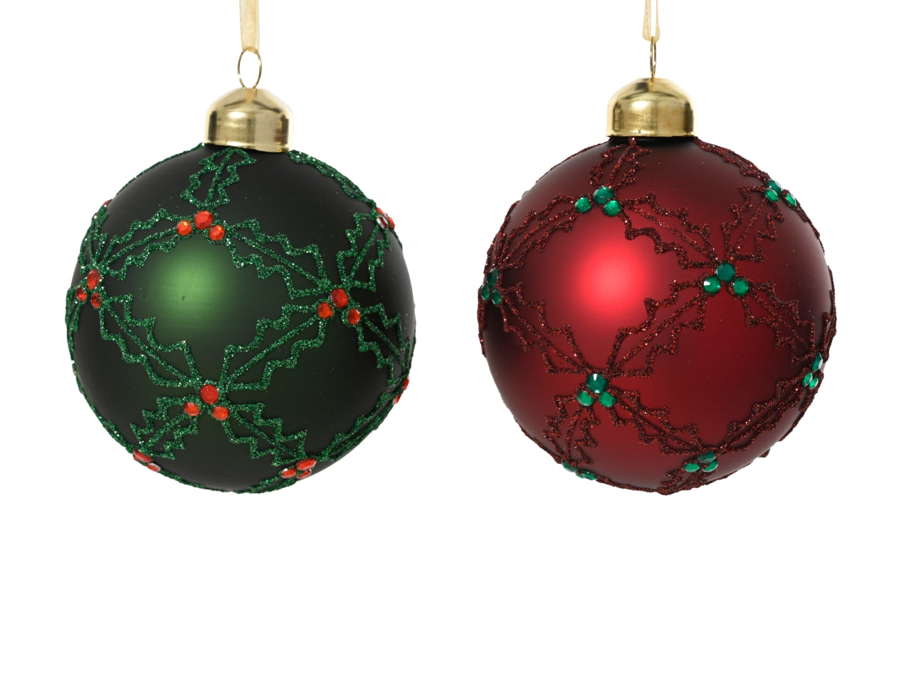 Palla di natale in vetro 10cm decorata con agrifoglio e glitter in 2 assortimenti