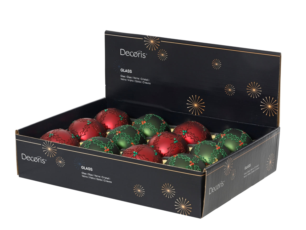 Palla di natale in vetro 10cm decorata con agrifoglio e glitter in 2 assortimenti