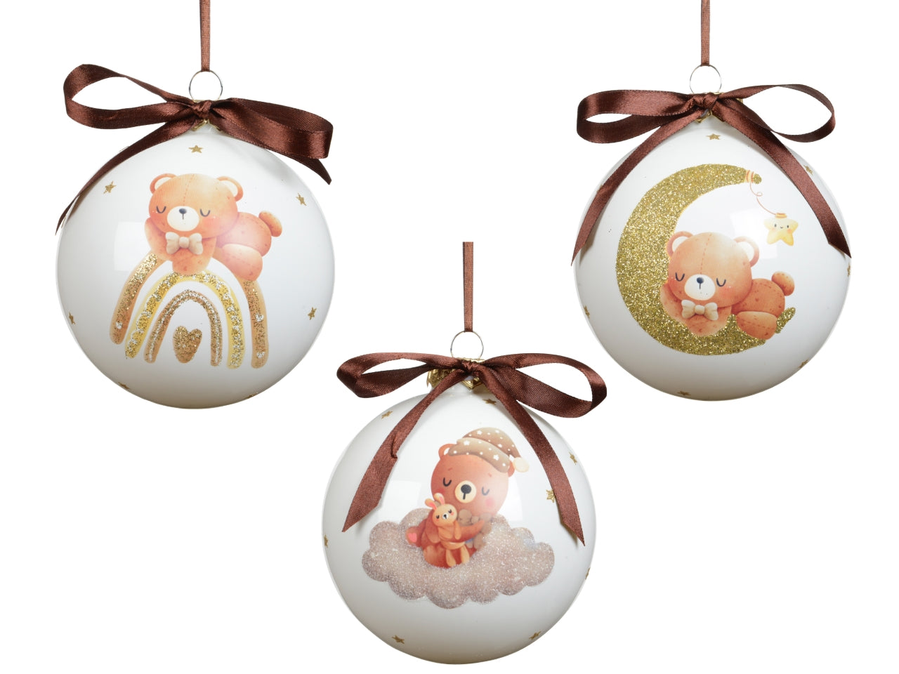 Palla di natale in vetro 10cm decorata con orsetto in 3 assortimenti