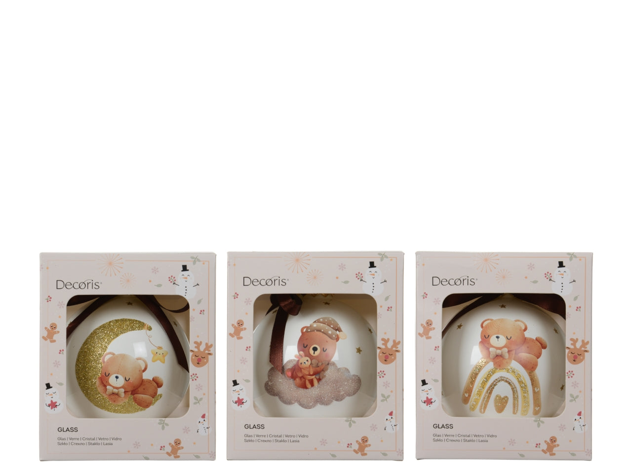 Palla di natale in vetro 10cm decorata con orsetto in 3 assortimenti