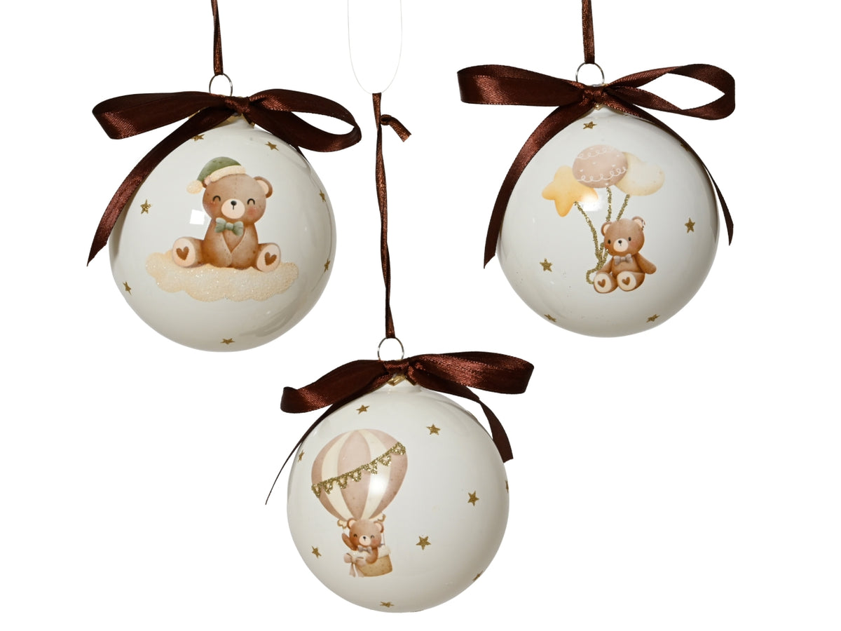 Palla di natale in vetro 8cm decorata con orsetto in 3 assortimenti