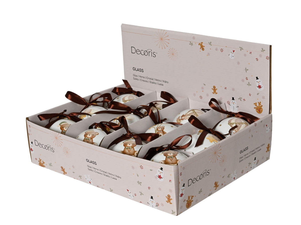 Palla di natale in vetro 8cm decorata con orsetto in 3 assortimenti
