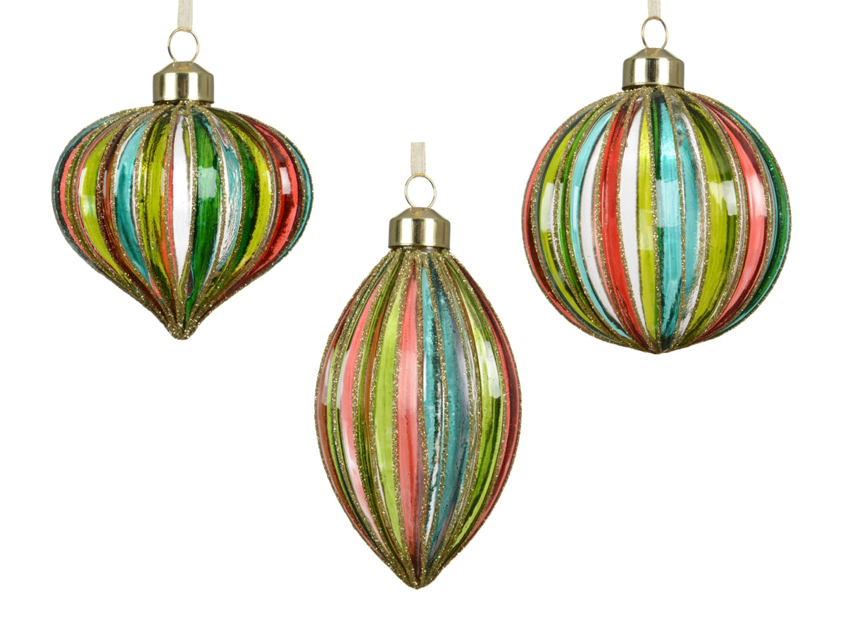 Palla di natale in vetro 8cm con glitter multicolore in 3 assortimenti