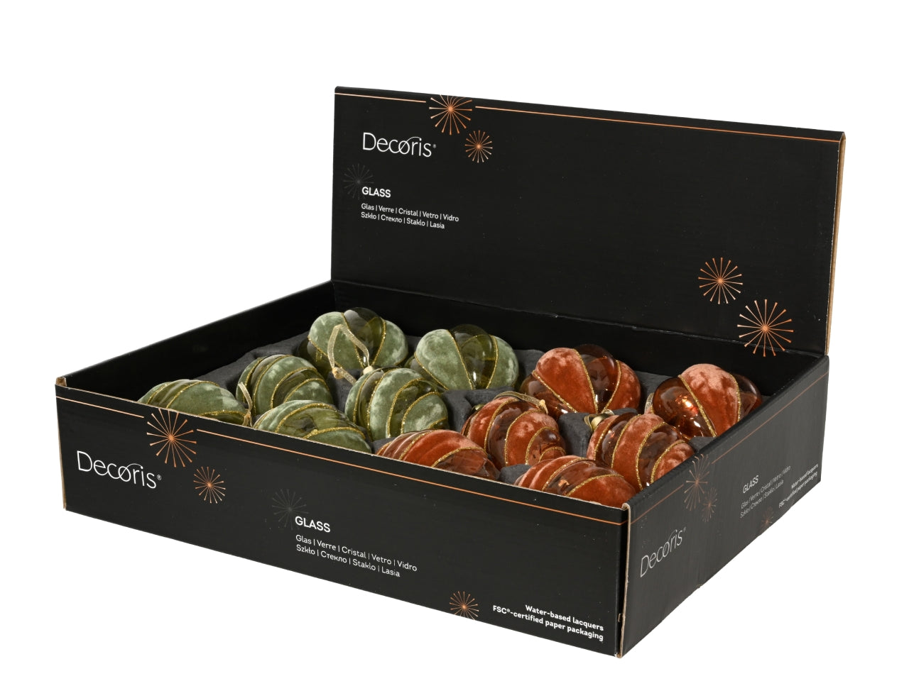 Palla di natale in vetro 8cm con spirale floccata in 6 assortimenti