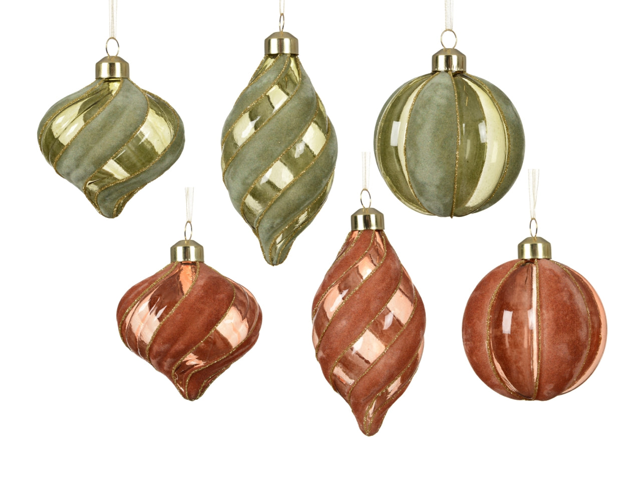 Palla di natale in vetro 8cm con spirale floccata in 6 assortimenti