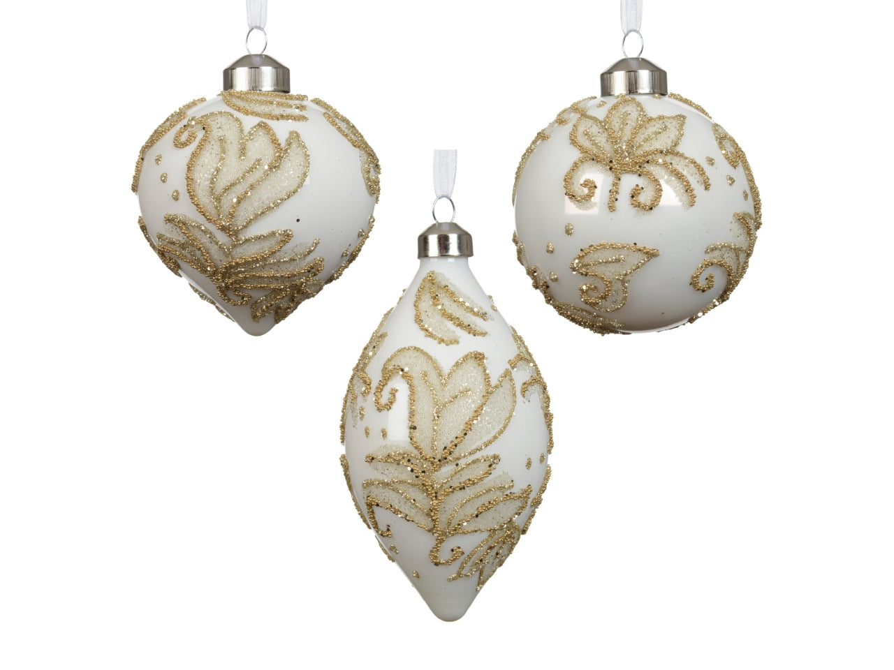 Palla di natale in vetro 8cm con fiore bianca in 3 assortimenti