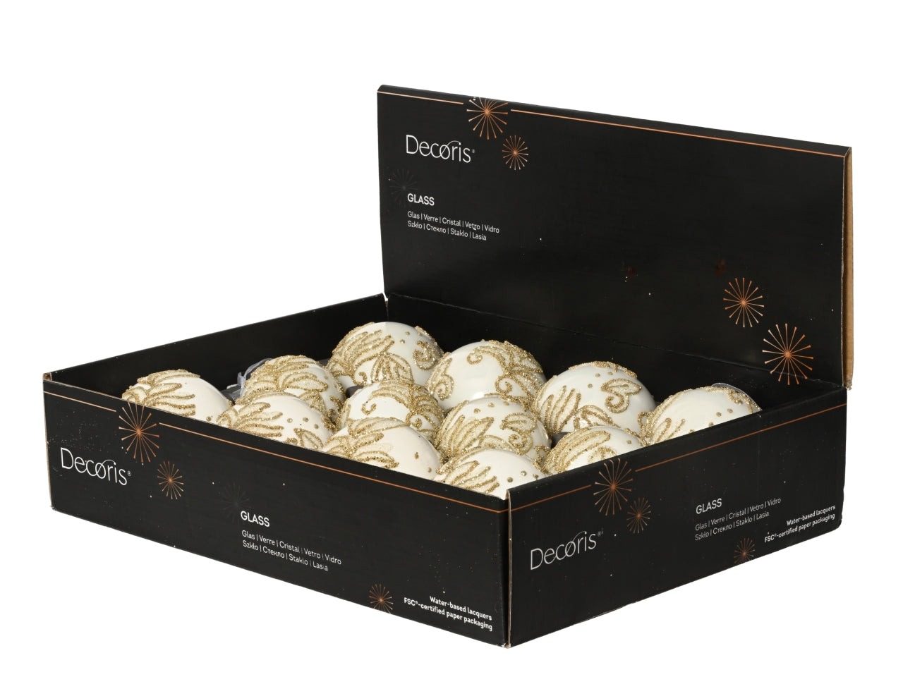 Palla di natale in vetro 8cm con fiore bianca in 3 assortimenti