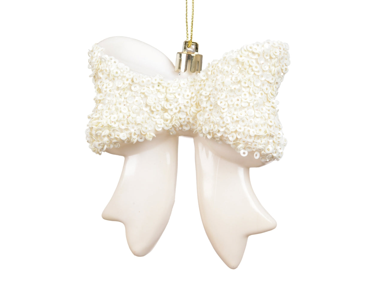 Fiocco decorativo 8,7x9,8cm lucido con glitter bianco perla