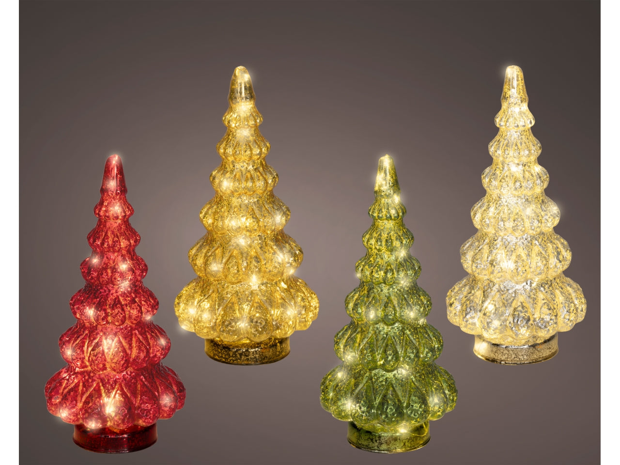 Albero di natale in vetro 25,5cm con led bianco caldo in 4 assortimenti