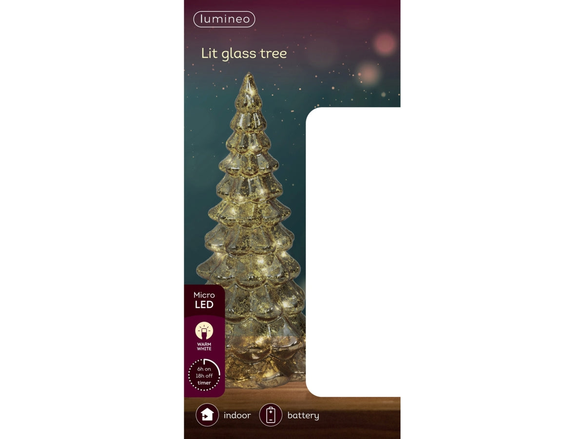 Albero di natale in vetro 21cm oro con led bianco caldo