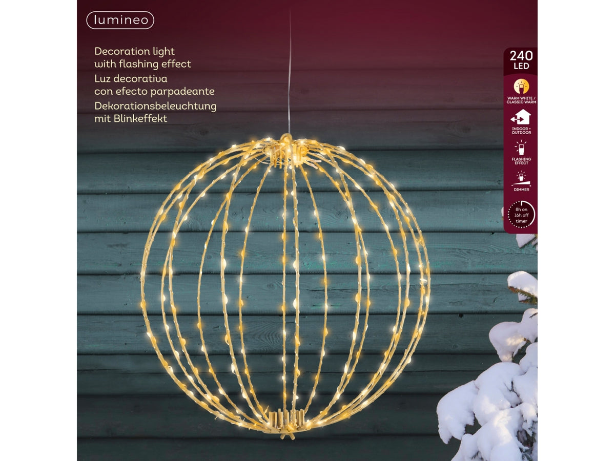 Palla luminosa in metallo 38cm con 240 led bianco caldo e flash per uso esterno