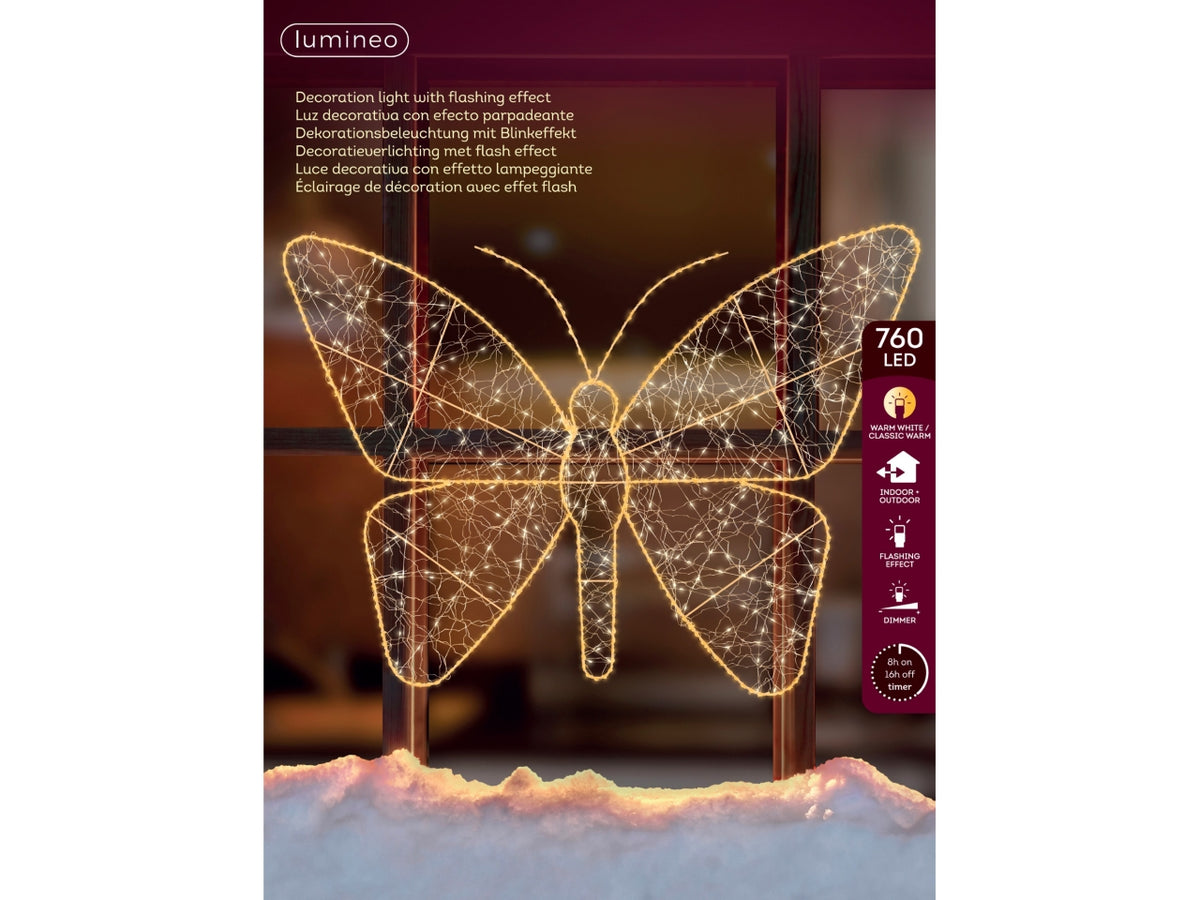 Farfalla luminosa maxi 98x77cm con 760 led bianco caldo e flash per uso esterno
