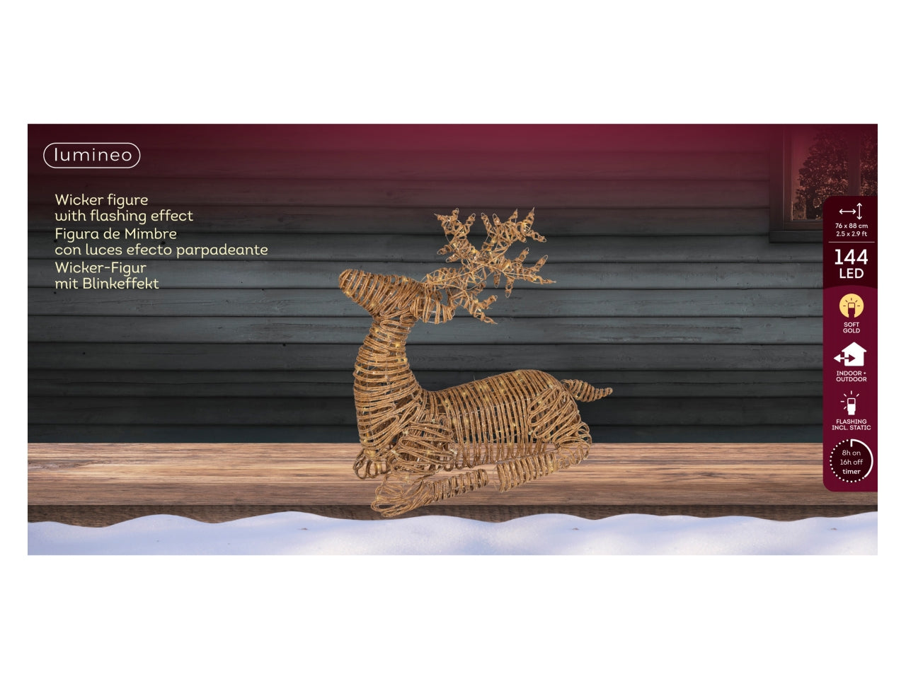 Renna luminosa maxi 76x88cm con 144 led oro soft e flash per uso esterno