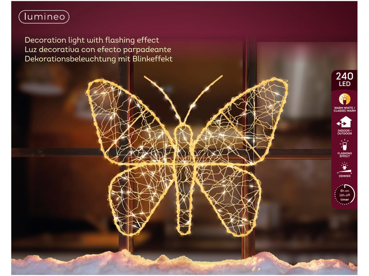 Farfalla luminosa 28x23cm con 240 led bianco caldo e flash per uso esterno