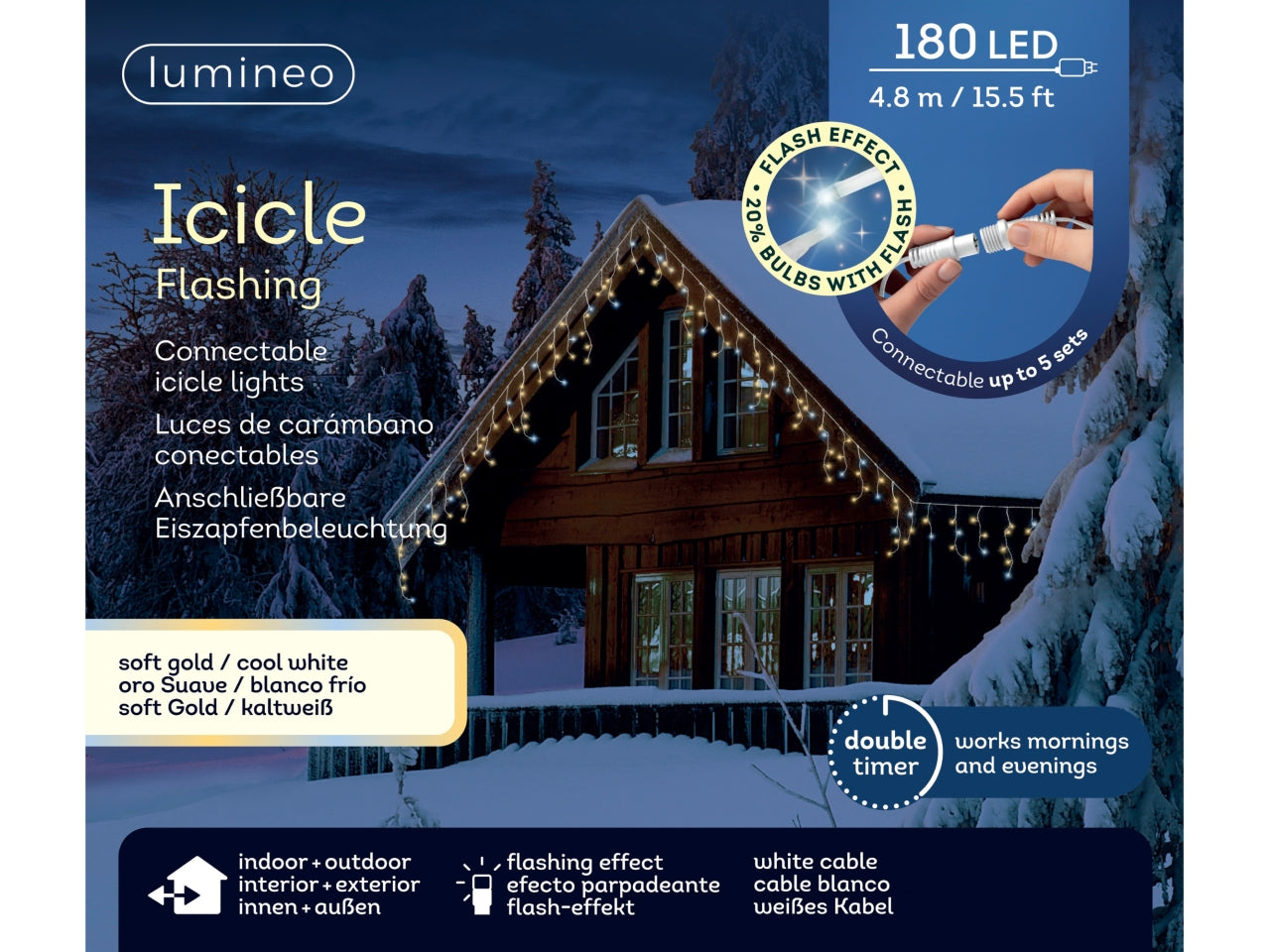 Tenda luminosa con 180 led oro soft e flash bianco freddo lunghezza 4,8mt, prolungabile fino a 5 tende
