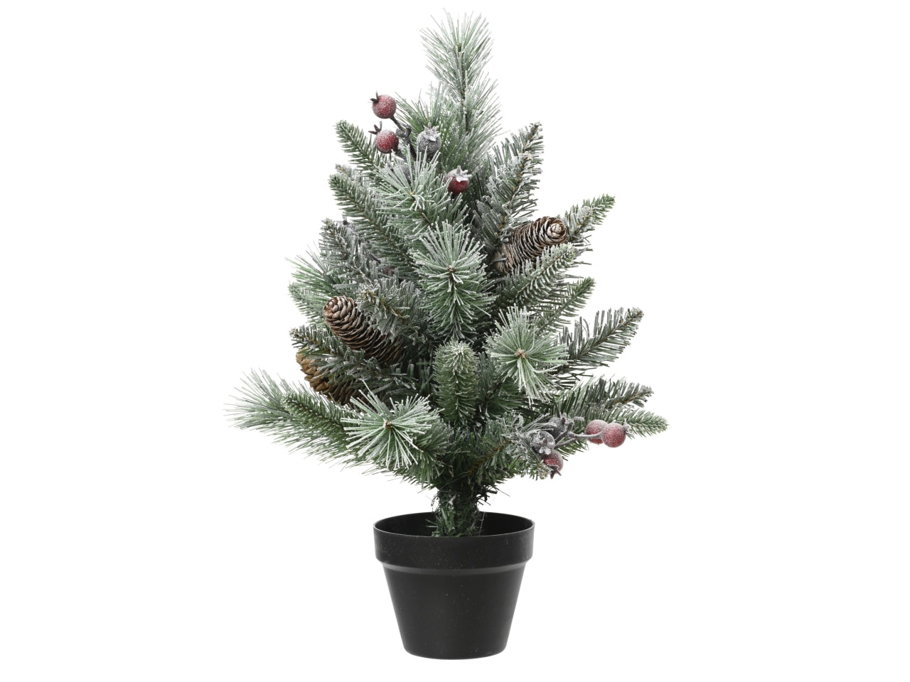 Albero di natale innevato 45cm con vaso, pigne e bacche