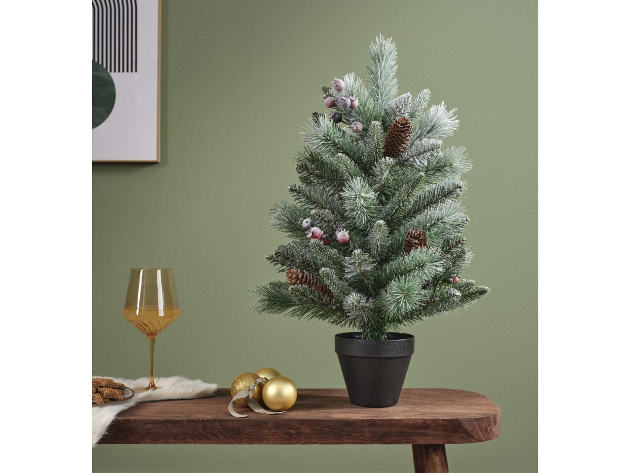 Albero di natale innevato 45cm con vaso, pigne e bacche