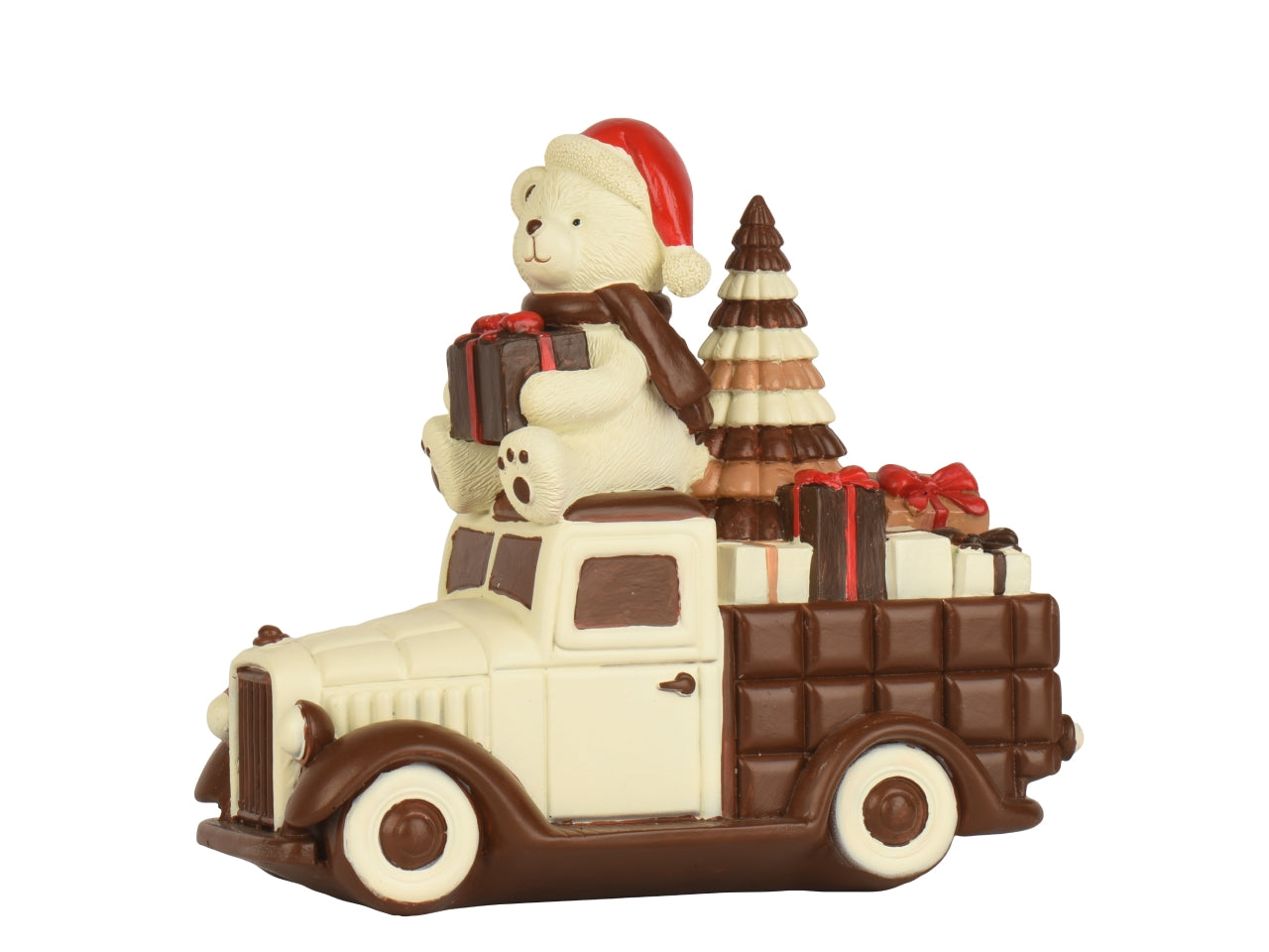 Orso decorativo in poliresina con camioncino effetto cioccolato