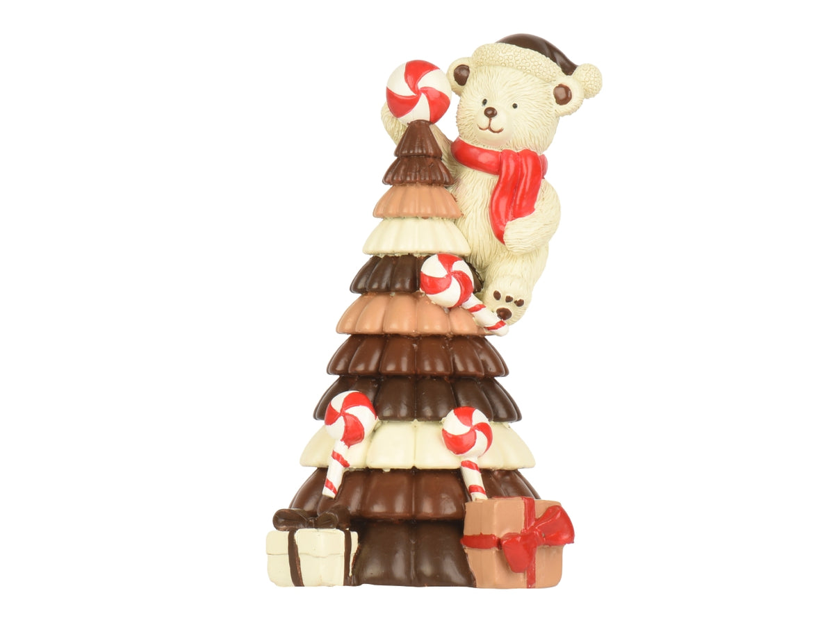 Orso decorativo 17,5cm in poliresina con albero effetto cioccolato