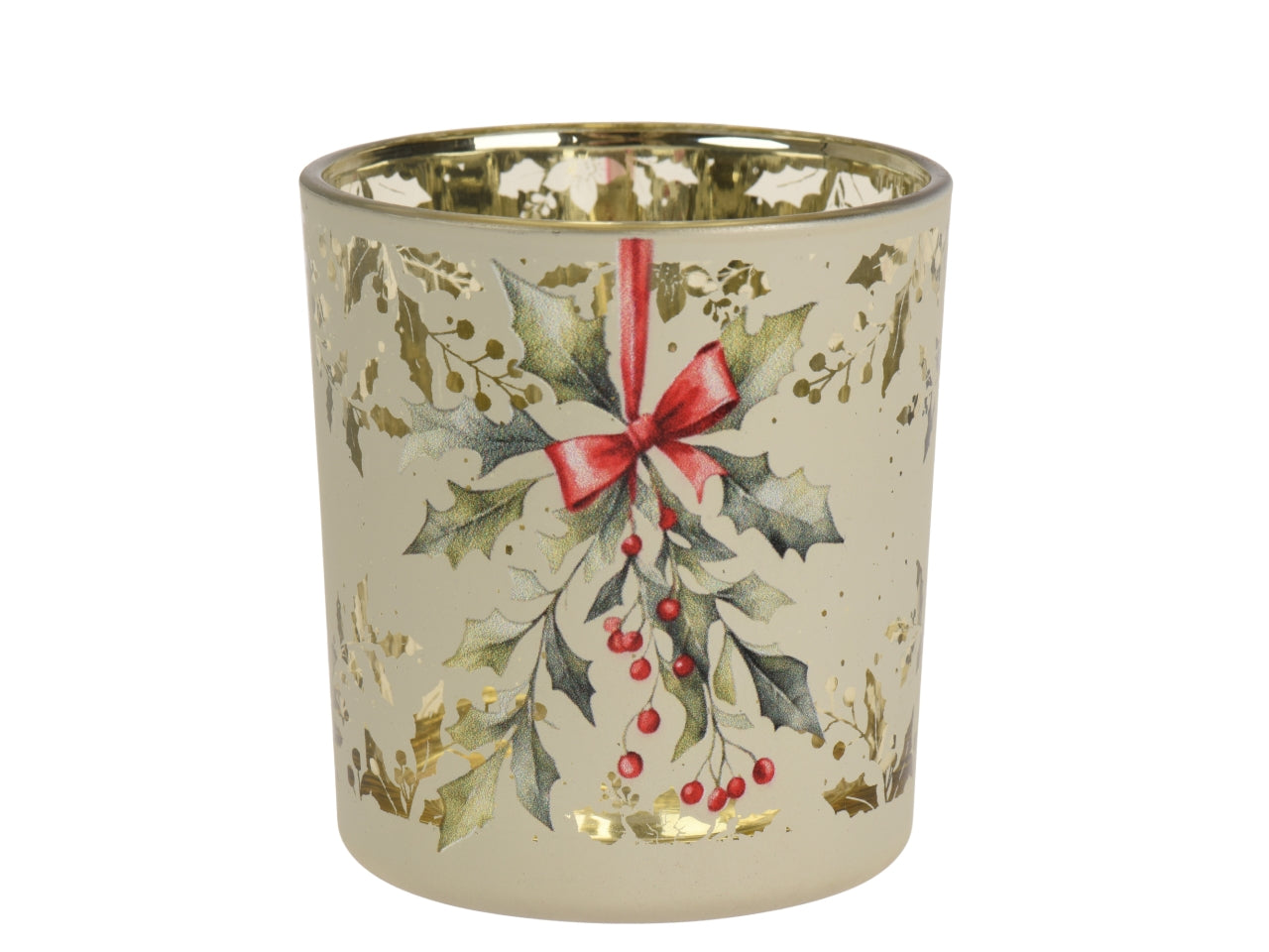 Porta tealight in vetro 7,3x8cm con agrifoglio