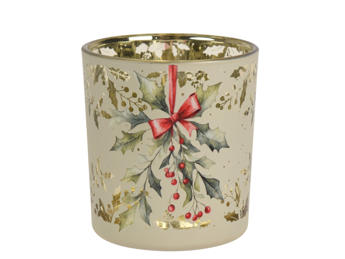 Porta tealight in vetro 7,3x8cm con agrifoglio