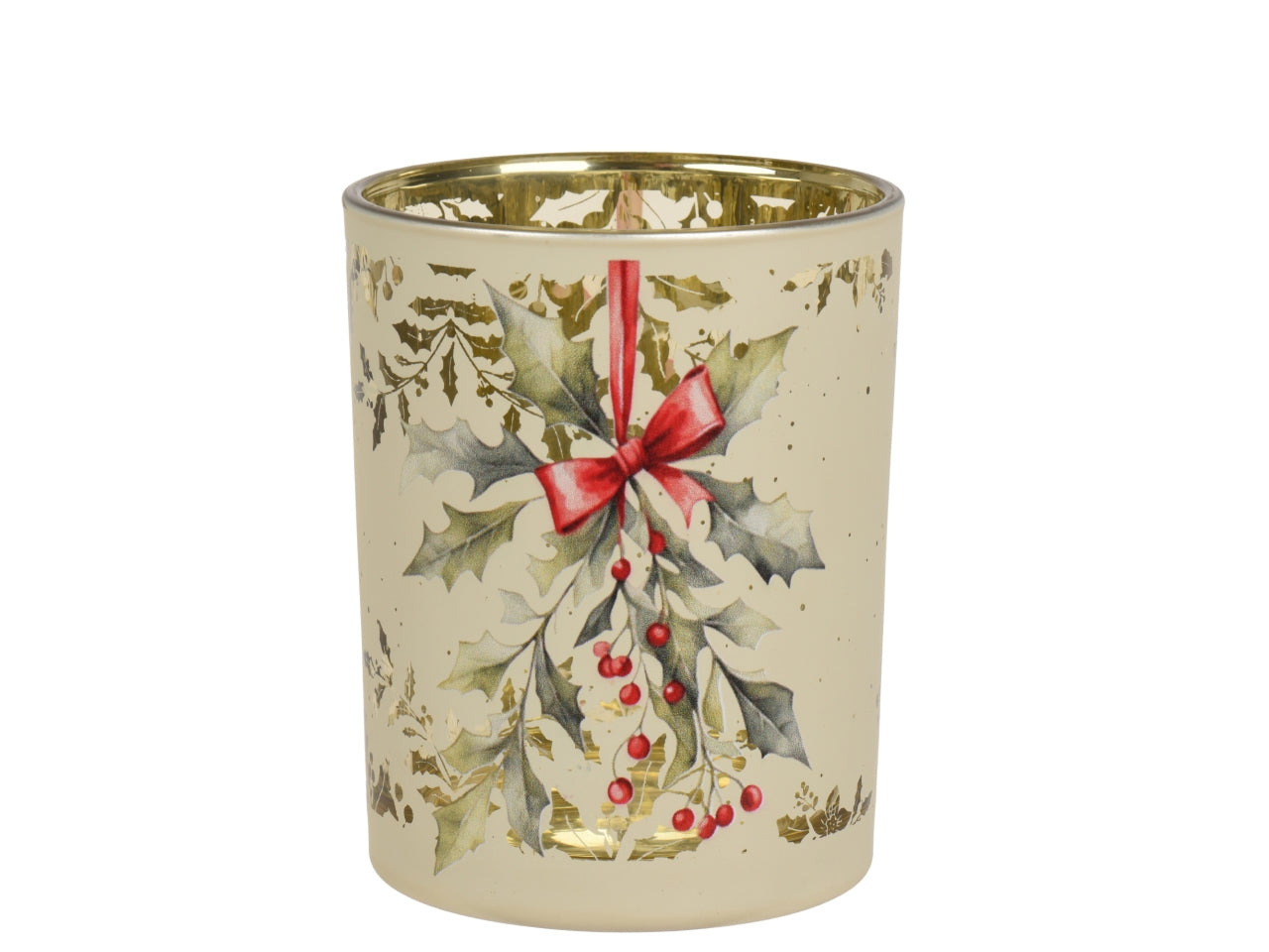 Porta tealight in vetro 10x12,5cm con agrifoglio