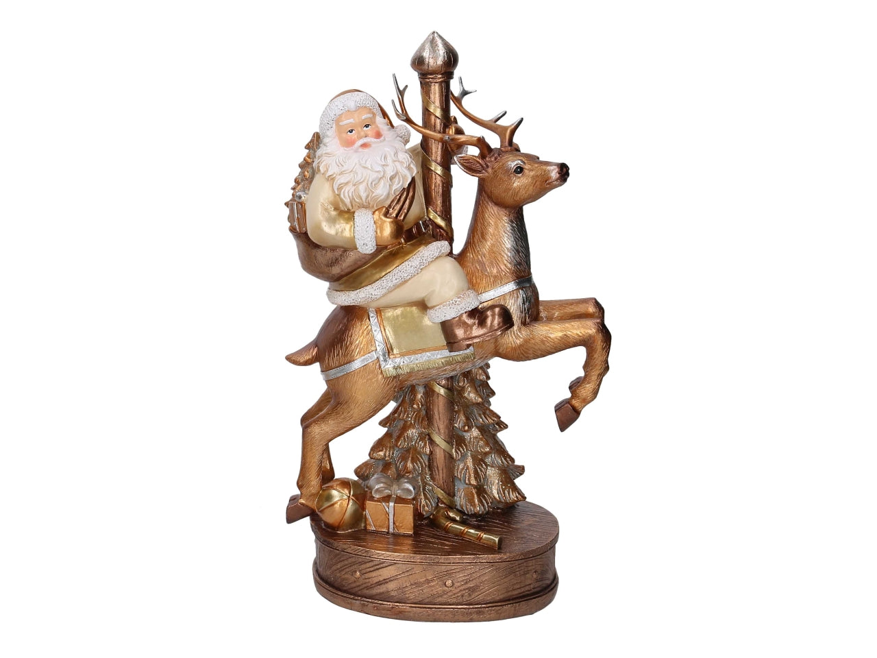 Babbo Natale in resina con renna bianco e oro 19,5x12xh.33,5cm