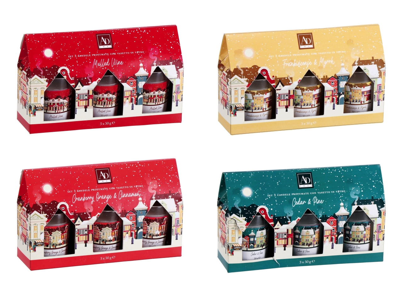 Set 3 candele profumate in vasetto di vetro 5xh.7cm, 4 assortimenti
