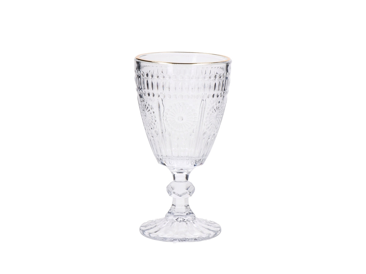 Set 6 calici da vino Flore 24cl in vetro trasparente con bordo oro