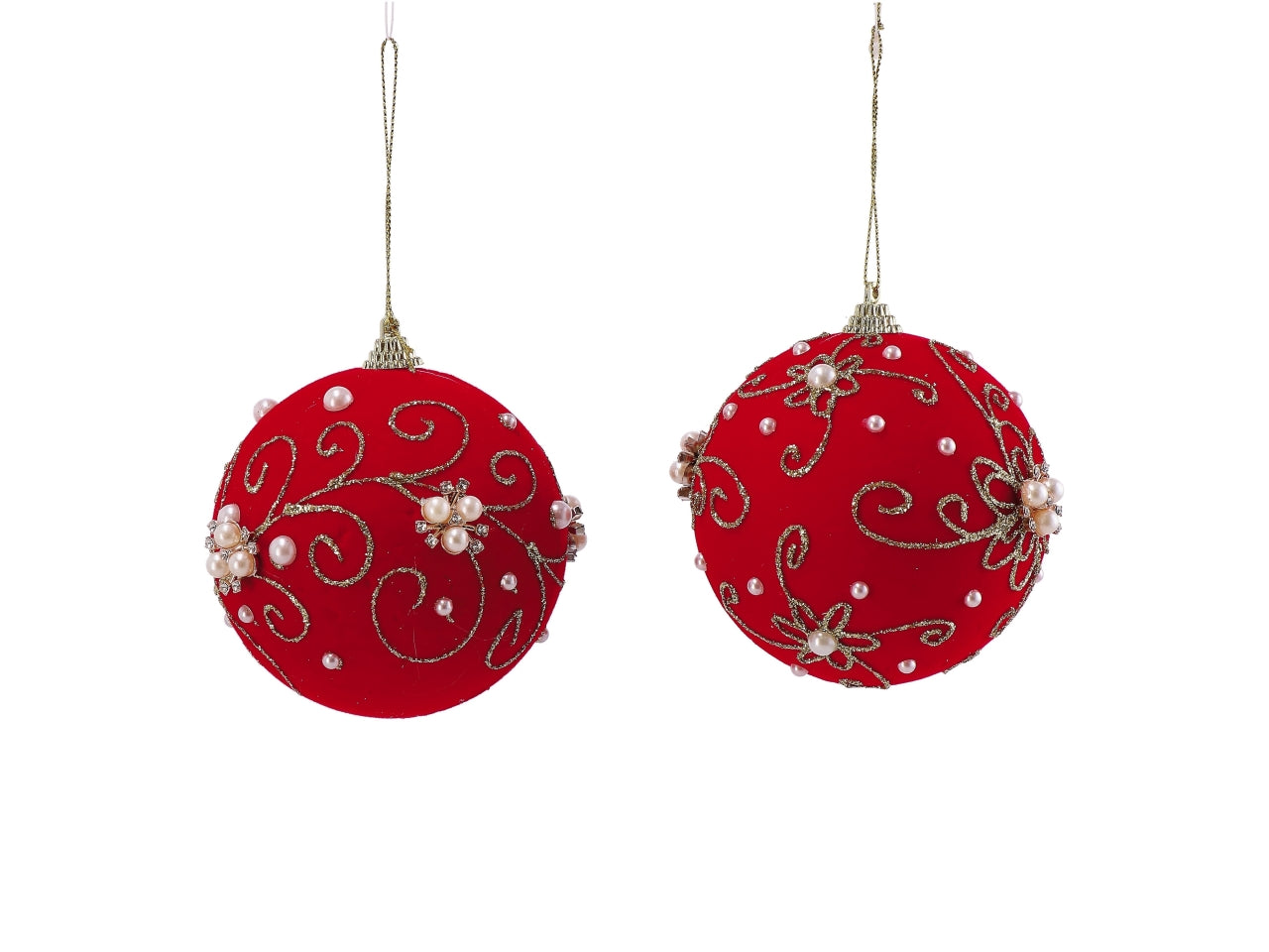 Pallina in polistirolo con perline rossa 10cm, 2 modelli assortiti