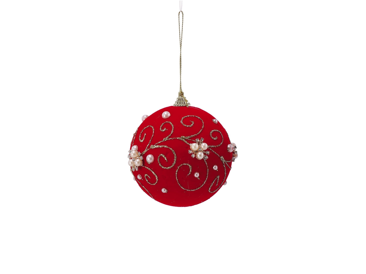 Pallina in polistirolo con perline rossa 10cm, 2 modelli assortiti