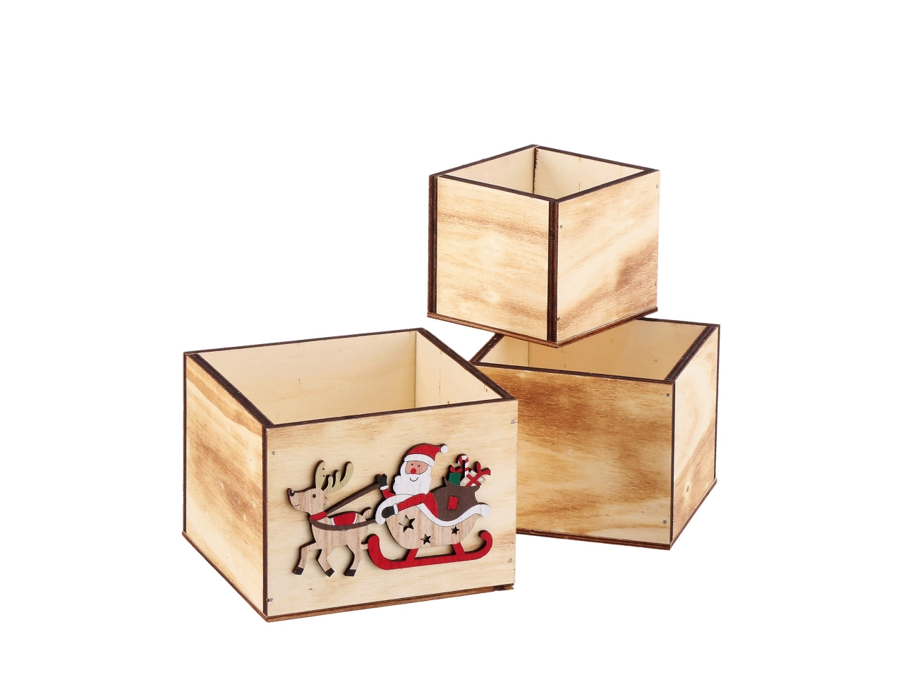 Set 3 contenitori in mdf con Babbo Natale h.7,5/8,5/9cm