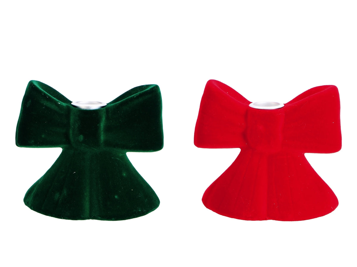 Portacandela con fiocco in resina e velluto 13x6xh.11cm, 2 colori assortiti