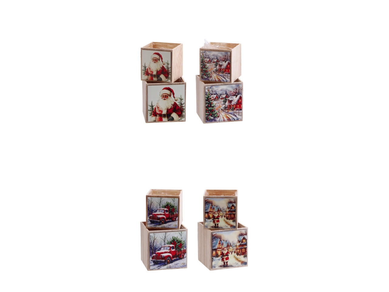 Set 2 cachepot natalizi quadrati in mdf, 4 decori assortiti