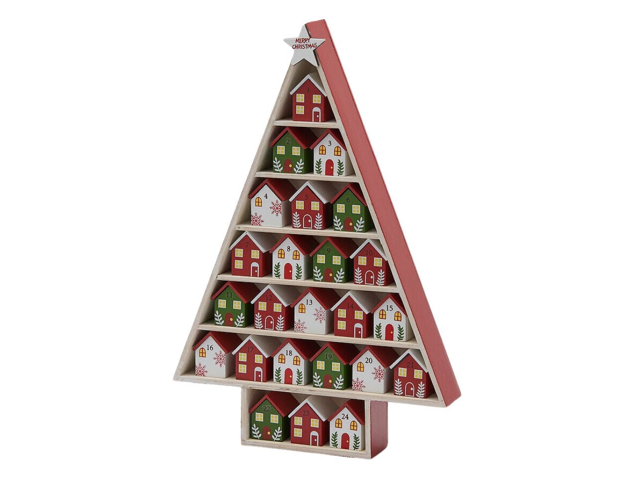 Albero calendario dell' avvento in legno 30,5xh.44,5cm con casette bianco e ross