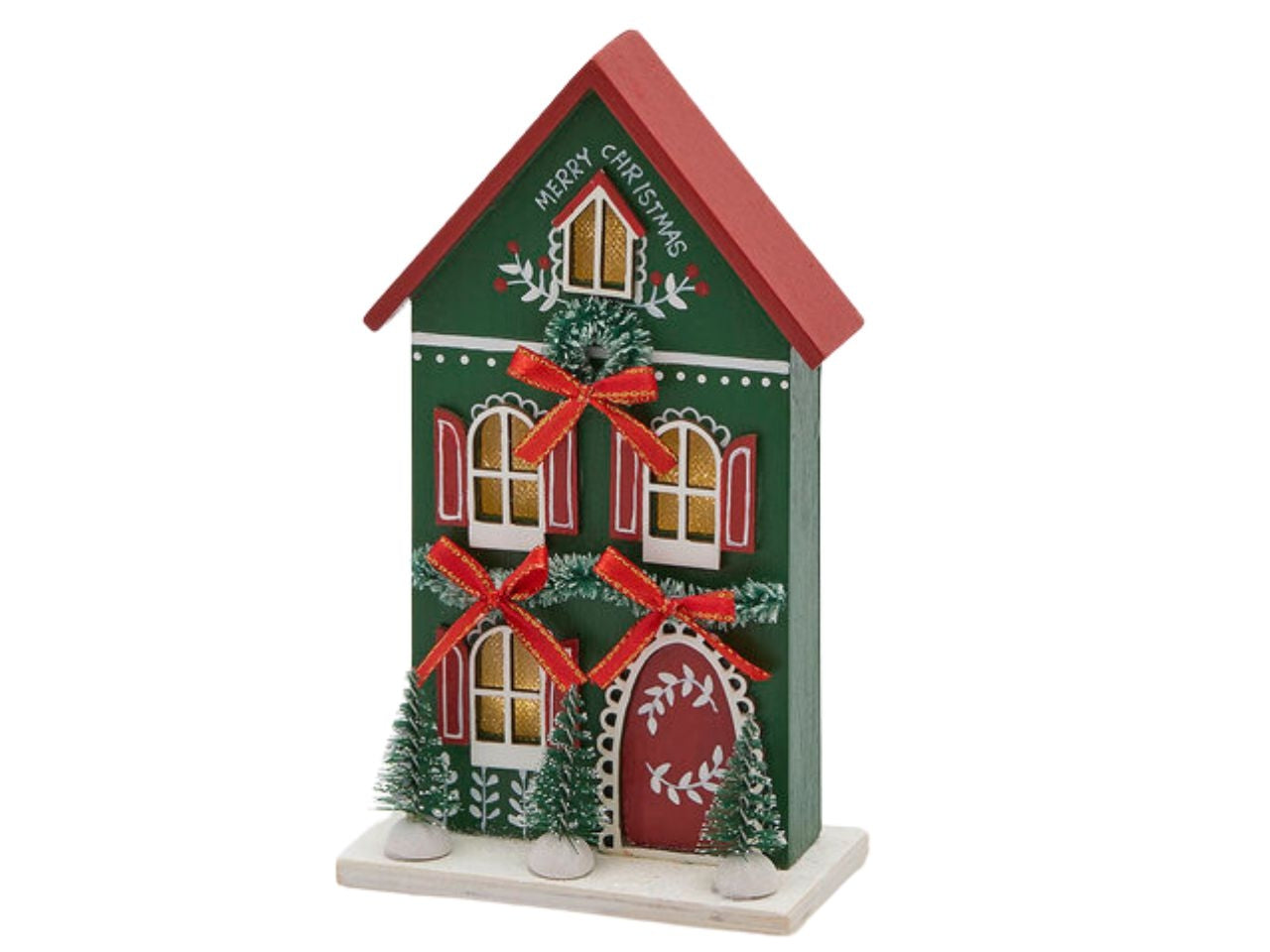 Casetta in legno 11,5x5,5xh.19cm verde e rosso a batteria con led