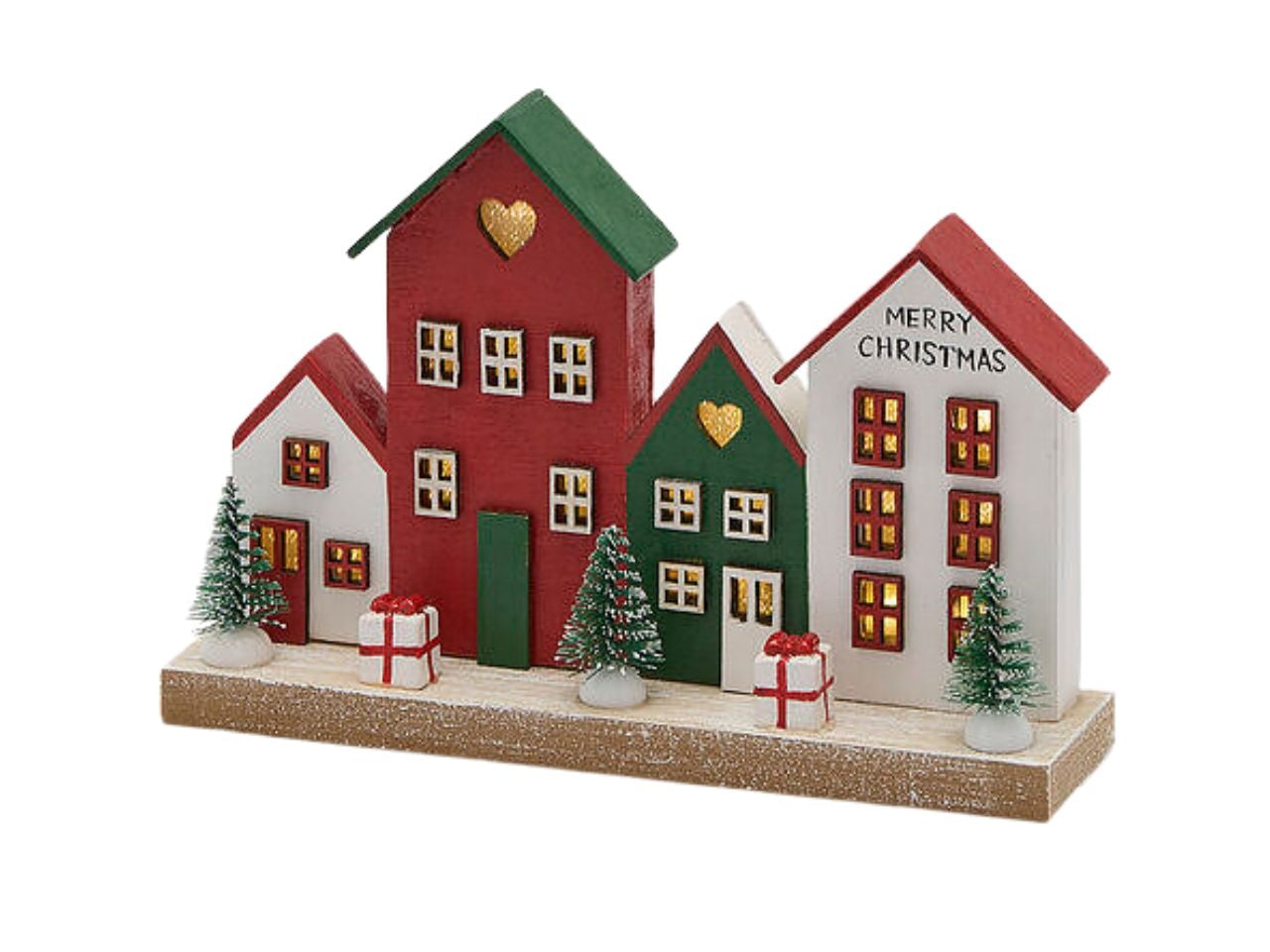 Paesaggio casette in legno  19,5x4,5xh.12cm rosso mix a batteria con led