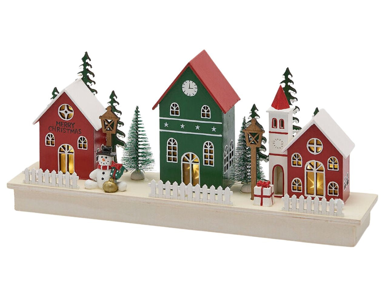 Paesaggio casette in legno 37x8xh.16cm rosso mix a batteria con led
