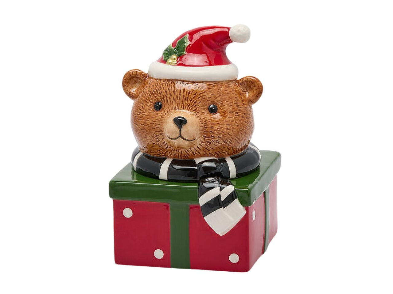Barattolo orso con sciarpa in ceramica 16x15xh.24cm verde e rosso