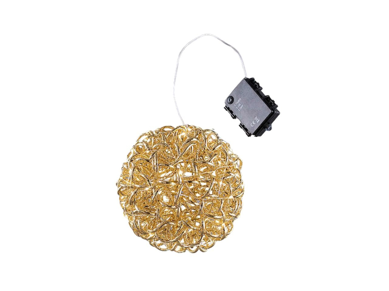 Palla luminosa Curly 20cm in plastica e metallo oro, 60microled a batteria con timer da interno/esterno