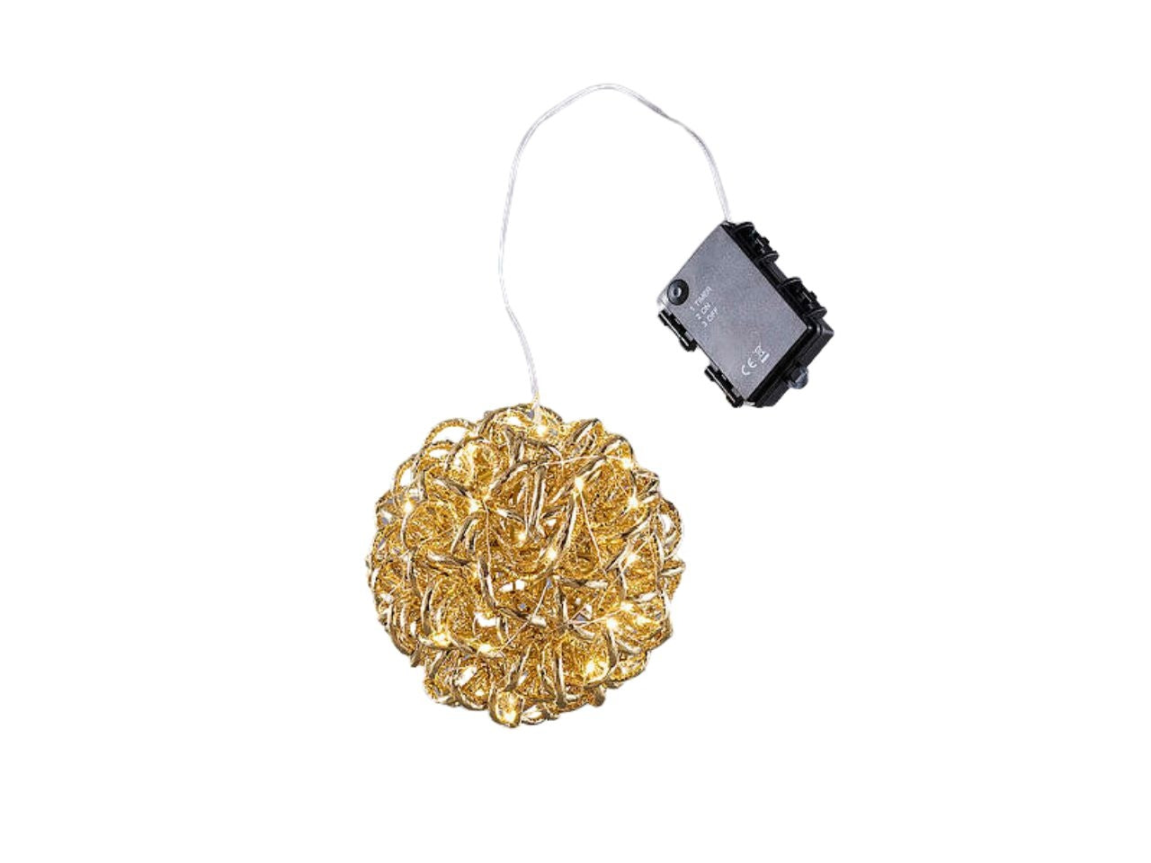Palla luminosa Curly 15cm in plastica e metallo oro, 40microled a batteria con timer da interno/esterno