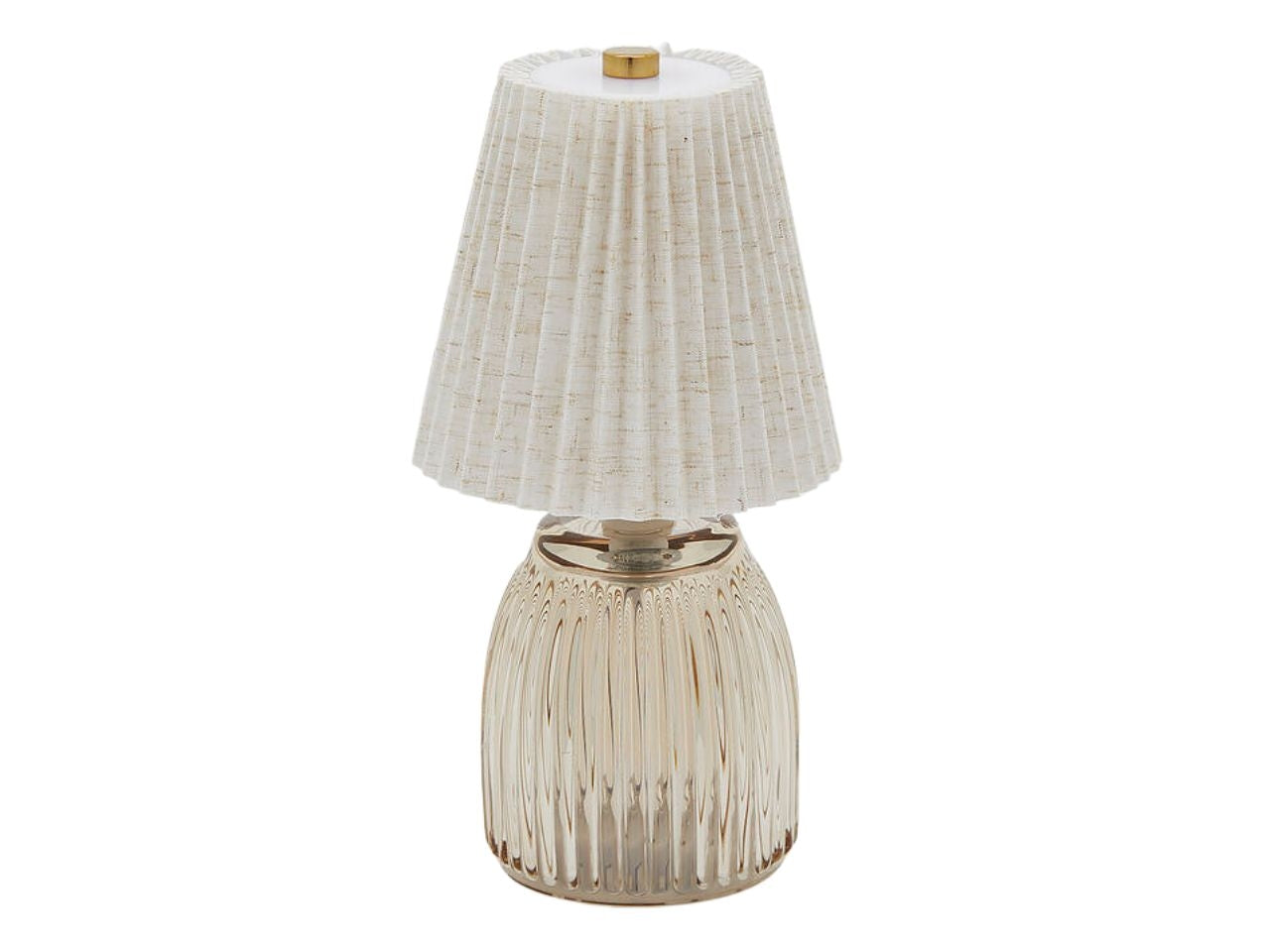 Lampada da tavolo plisse' in vetro e tessuto sabbia d.11,5cmxh.22cm, con cavo USB